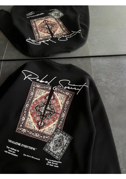 Kadın Bisiklet Yaka Baskılı Sweatshirt - Siyah modelleri