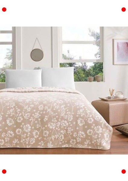 Çiçek Desenli %100 Pamuk Battaniye, Bej, Çift Kişilik