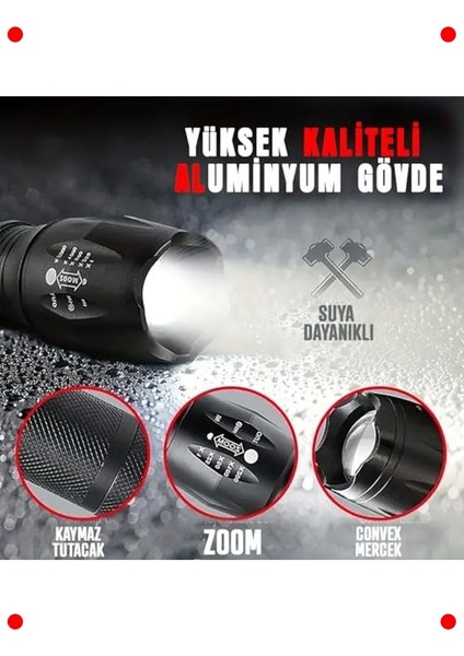 Güçlü LED El Feneri, 10W, Zoomlu, 5 Modlu, Alüminyum modelleri