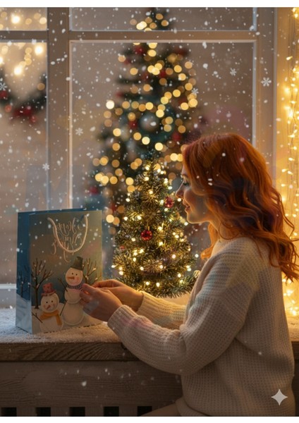 ( 10 Adet ) Kardan Adam Desenli Hediye Çantası Mavi Yılbaşı Hediye Poşeti 25X30X9 Christmas fiyatları