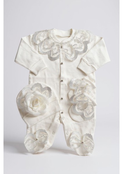 Kız Bebek Beyaz Gül Detaylı Tulum Seti,mevlüttakımı