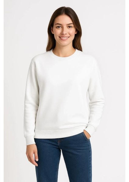 Kadın Üç Iplik Düz Bisiklet Yaka Sweatshirt - Beyaz modelleri