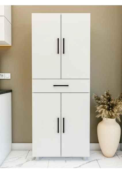 Çok Amaçlı Dolap Parlak Beyaz Dolap Çekmeceli 4 Kapaklı Dolap