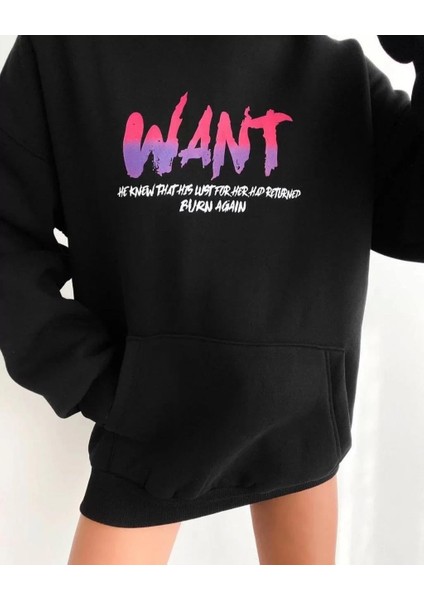 Baskılı Üç Iplik Kapüşonlu Oversize Sweatshirt - Siyah