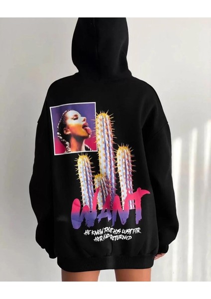 Baskılı Üç Iplik Kapüşonlu Oversize Sweatshirt - Siyah fiyatları