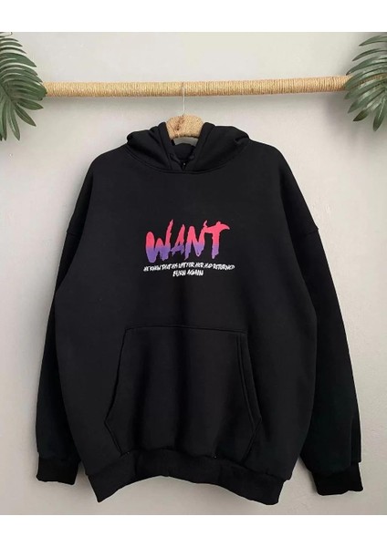 Baskılı Üç Iplik Kapüşonlu Oversize Sweatshirt - Siyah modelleri