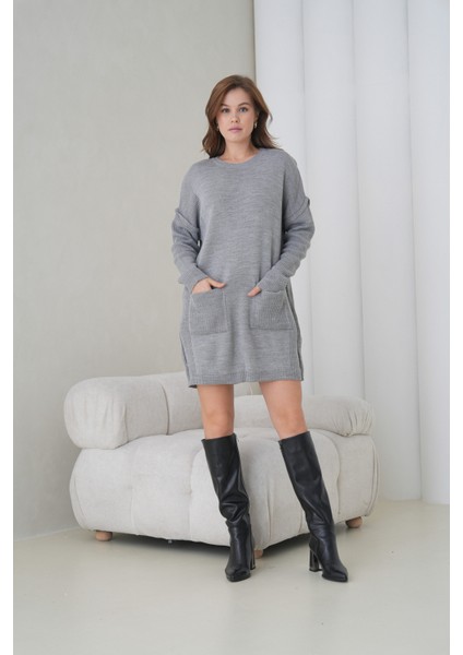 Kadın Kolları Uzun Kendinden Dokulu Bisiklet Yaka Tunik Boy Şık Kışlık Triko Kazak Cepli Elbise