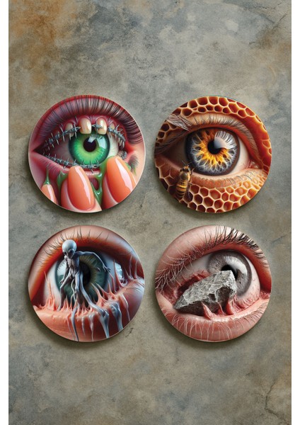 Ev Dekor Oval Pleksi Bardak Altlığı Temalı Desenli 4'lü Set Hologram Eyes