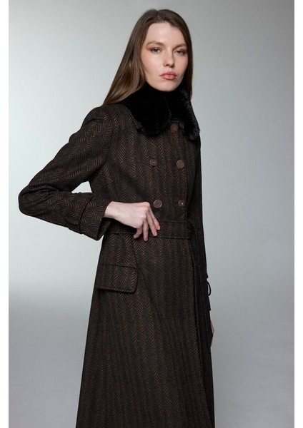 Kürk Yaka Cep Detaylı Manto Kahve 13902