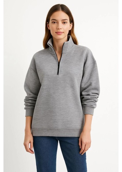 Kadın Üç Iplik Dık Yaka Yarım Fermuarlı Sweatshirt - Gri modelleri