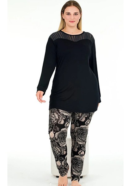 Lady Çiçek Desenli Yumuşacık Pijama ve Uzun Kollu Omuzlar Dantelli Big Size Viskon Pijama Takımı