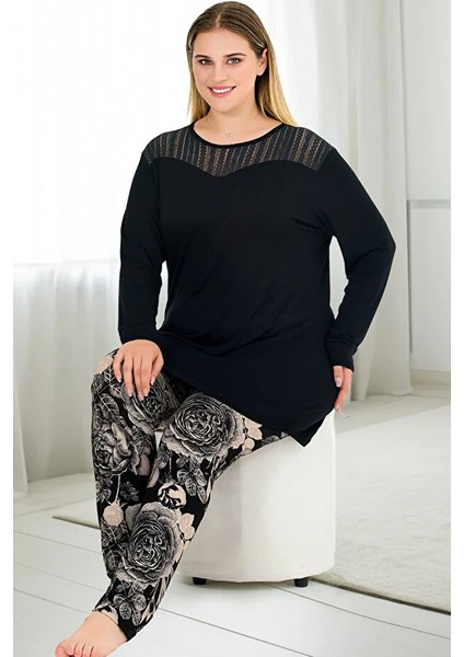 Lady Çiçek Desenli Yumuşacık Pijama ve Uzun Kollu Omuzlar Dantelli Big Size Viskon Pijama Takımı fiyatları