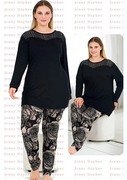 Lady Çiçek Desenli Yumuşacık Pijama ve Uzun Kollu Omuzlar Dantelli Big Size Viskon Pijama Takımı modelleri