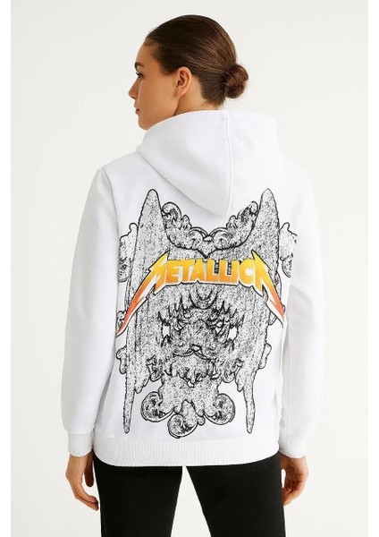 Metallica Iki Iplik Kapüşonlu Ön ve Arka Baskılı Hoodie - Beyaz fırsatları