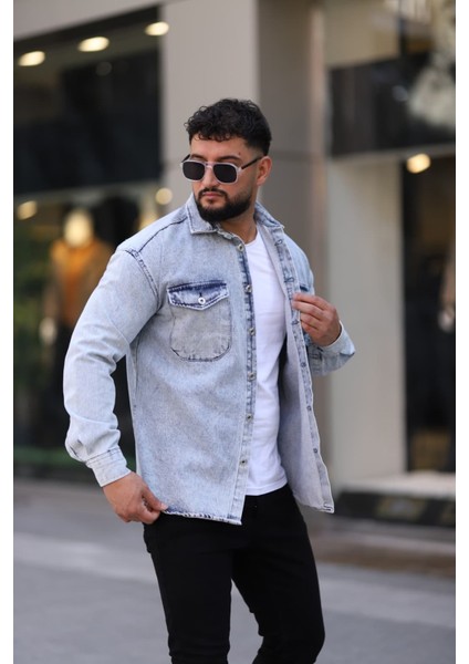 Erkek Kot Gömlek Rahat Kalıp, Çift Cepli, Düğmeli Denim Gömlek