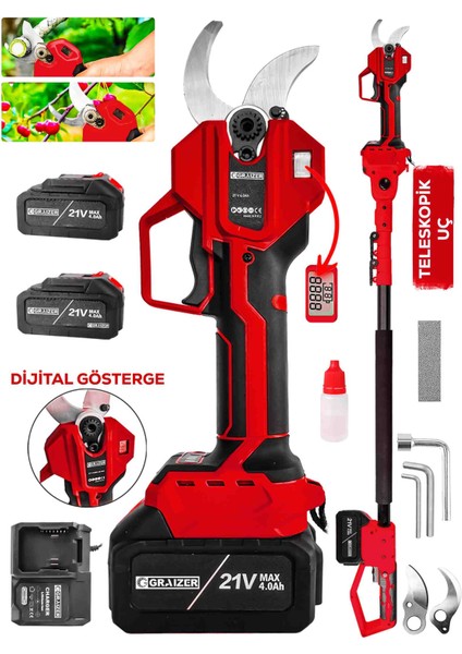 K-50 mm Dijital Kömürsüz Akülü Bağ Dal Ağaç Kesme Biçme Budama Şarjlı Makası Makinesi + Teleskop