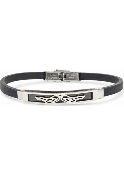 Erkek Melek Kanadı Figürlü Silikon Kordonlu Çelik Bileklik