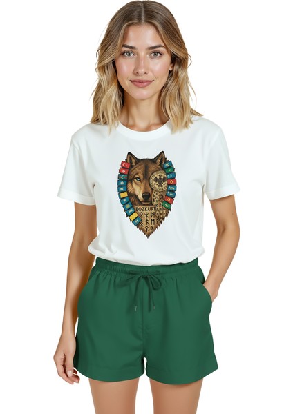 Kadın Beyaz Relaxed Fit %100 Pamuk Tişört – Türkiye Bozkurt & Kurt Baskılı