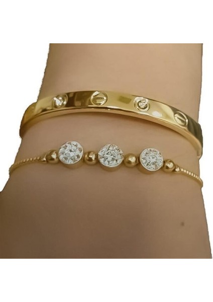 Altın Renk Kombin Bileklik Seti Cartier Taşlı Bileklik ve Zirkon Macun Bileklik
