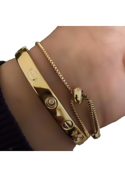 Altın Renk Kombin Bileklik Seti Cartier Taşlı Bileklik ve Zirkon Macun Bileklik modelleri