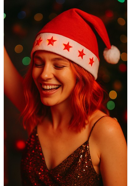 Işıklı Yılbaşı Yeni Yıl Şapkası I 10 Adet Açma Kapama Düğmeli Sırasıyla Akarak Yanan Yıldızlı Kar fiyatları