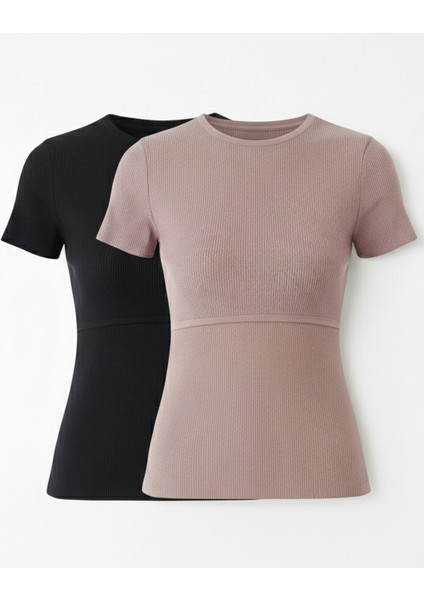 2'li Triko Emzirme Özellikli T-Shirt - Pembe & Siyah