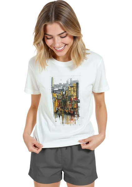 Kadın Beyaz Relaxed Fit %100 Pamuk Tişört – Yağmurlu Şehir Sokağı Suluboya Baskılı modelleri