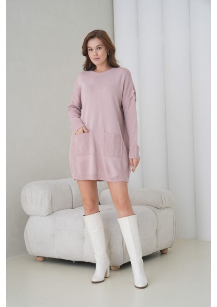 Kadın Kolları Uzun Kendinden Dokulu Bisiklet Yaka Tunik Boy Şık Kışlık Triko Kazak Cepli Elbise