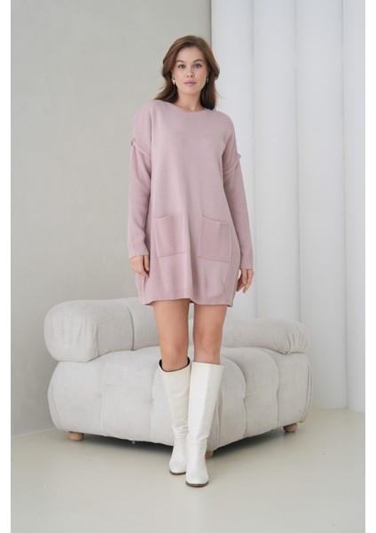 Kadın Kolları Uzun Kendinden Dokulu Bisiklet Yaka Tunik Boy Şık Kışlık Triko Kazak Cepli Elbise fiyatları