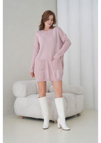 Kadın Kolları Uzun Kendinden Dokulu Bisiklet Yaka Tunik Boy Şık Kışlık Triko Kazak Cepli Elbise modelleri