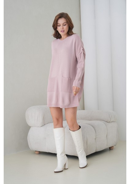 Kadın Kolları Uzun Kendinden Dokulu Bisiklet Yaka Tunik Boy Şık Kışlık Triko Kazak Cepli Elbise fırsatları