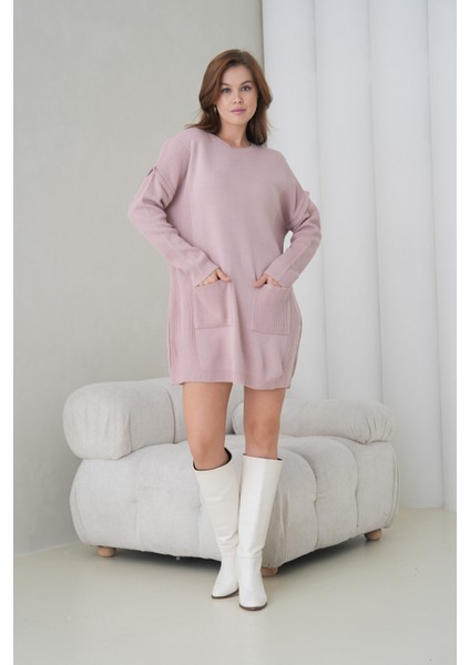 Kadın Kolları Uzun Kendinden Dokulu Bisiklet Yaka Tunik Boy Şık Kışlık Triko Kazak Cepli Elbise indirimleri