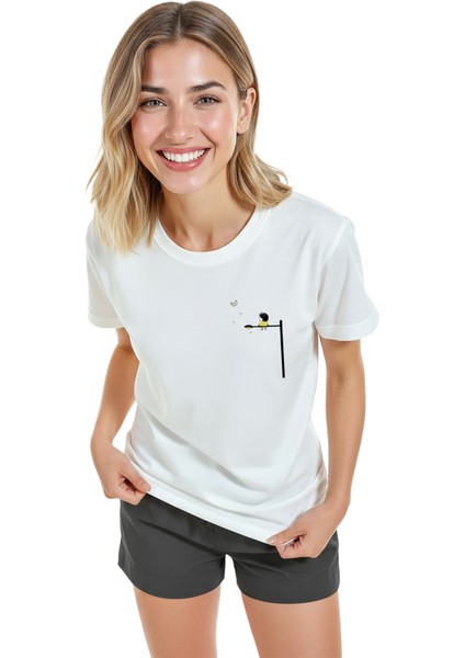 Kadın Beyaz Relaxed Fit %100 Pamuk Tişört – Minimal Sokak Lambası Baskılı modelleri