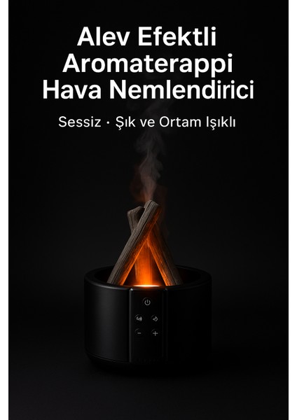 Alev Efektli Aromaterapi Hava Nemlendirici – Sessiz, Şık ve Ortam Işıklı Bonfire Tasarım