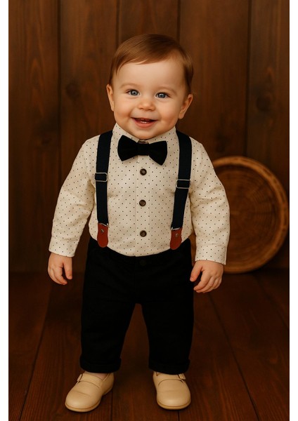 Kids Papyonlu Siyah Askılı Erkek Bebek 2 Li Takım