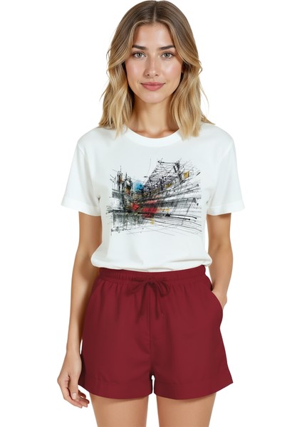 Kadın Beyaz Relaxed Fit %100 Pamuk Tişört – Şehir Manzarası & Mimari Eskiz Baskılı