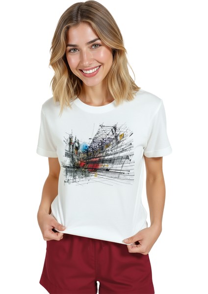 Kadın Beyaz Relaxed Fit %100 Pamuk Tişört – Şehir Manzarası & Mimari Eskiz Baskılı modelleri