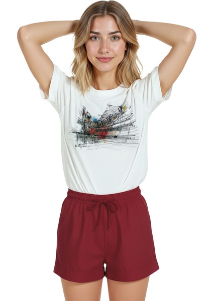 Kadın Beyaz Relaxed Fit %100 Pamuk Tişört – Şehir Manzarası & Mimari Eskiz Baskılı indirimleri