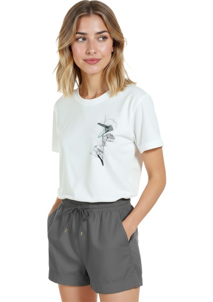 Kadın Beyaz Relaxed Fit %100 Pamuk Tişört – Ince Mürekkep & Minimal Soyut Grafik Baskılı fırsatları