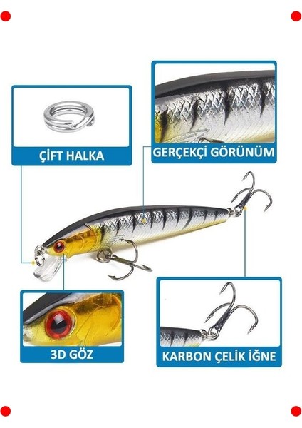 Minnow Sahte Olta Yem Seti - 10 Adet, Karbon Çelik Iğneli modelleri