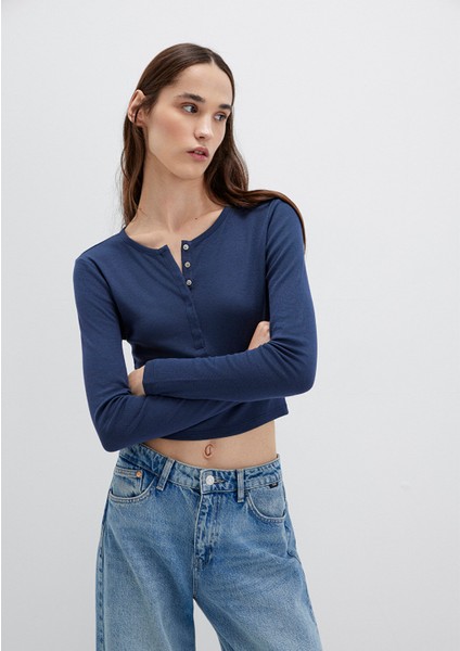 Düğme Detaylı Uzun Kollu Lacivert Crop Basic Tişört 1613403-70487