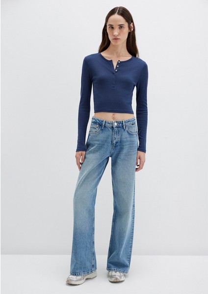 Düğme Detaylı Uzun Kollu Lacivert Crop Basic Tişört 1613403-70487