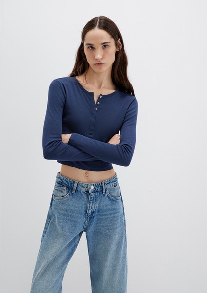Düğme Detaylı Uzun Kollu Lacivert Crop Basic Tişört 1613403-70487