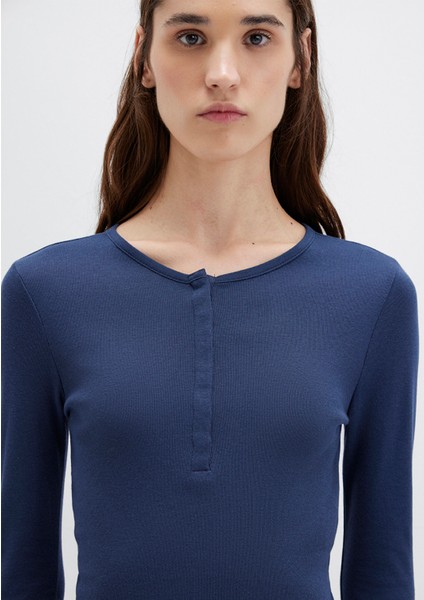 Düğme Detaylı Uzun Kollu Lacivert Crop Basic Tişört 1613403-70487