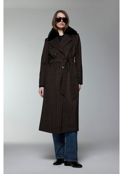 Kürk Yaka Kuşaklı Kahve Kaban 13851 indirimleri