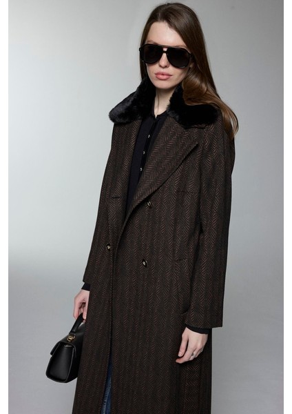 Kürk Yaka Kuşaklı Kahve Kaban 13851