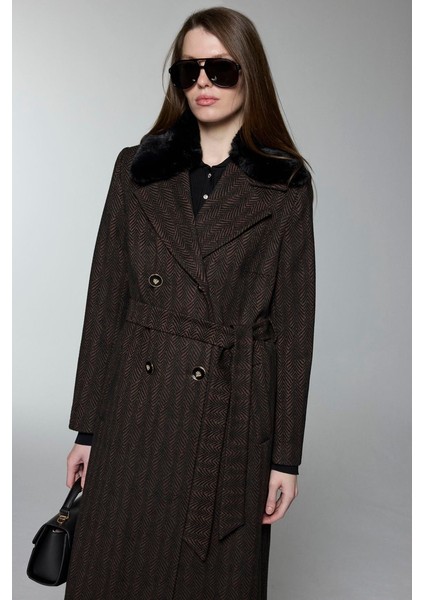 Kürk Yaka Kuşaklı Kahve Kaban 13851