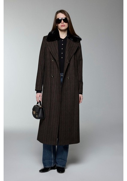 Kürk Yaka Kuşaklı Kahve Kaban 13851