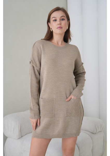 Kadın Kolları Uzun Kendinden Dokulu Bisiklet Yaka Tunik Boy Şık Kışlık Triko Kazak Cepli Elbise