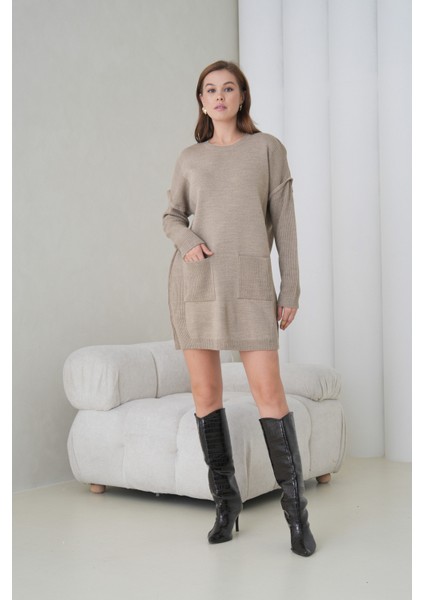 Kadın Kolları Uzun Kendinden Dokulu Bisiklet Yaka Tunik Boy Şık Kışlık Triko Kazak Cepli Elbise fiyatları